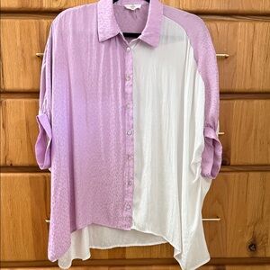 Entro Anthropologie Lavender White Jacqu Button-Up Flowy Tunic Boho Blouse S\M